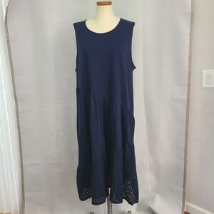 Chico Sz 4 Navy Blue Sleeveless Mix Media Eyelet Bottom Stretchy Top Maxi Dress